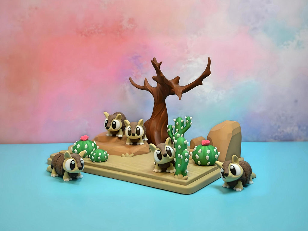Large Articulated 3D Printed Armadillo with Desert Display: Poseable Desk Toy
