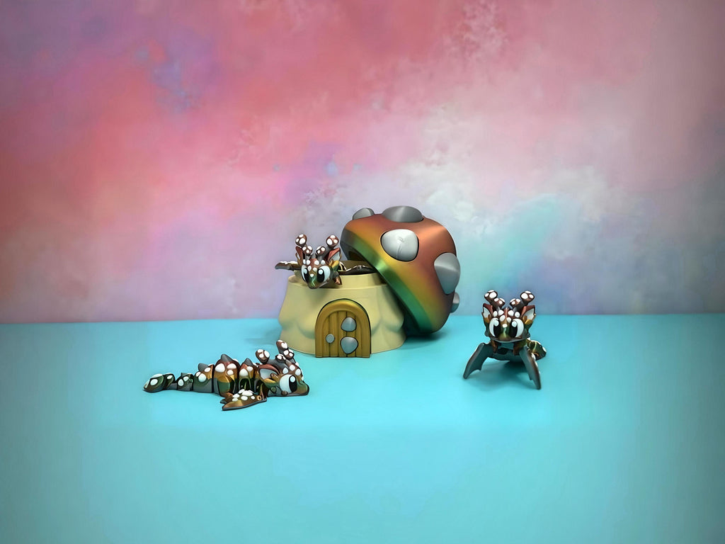 Rainbow Mushroom Dragon set With MushroomHouse - Adorable 3D Printed Fantasy Decor