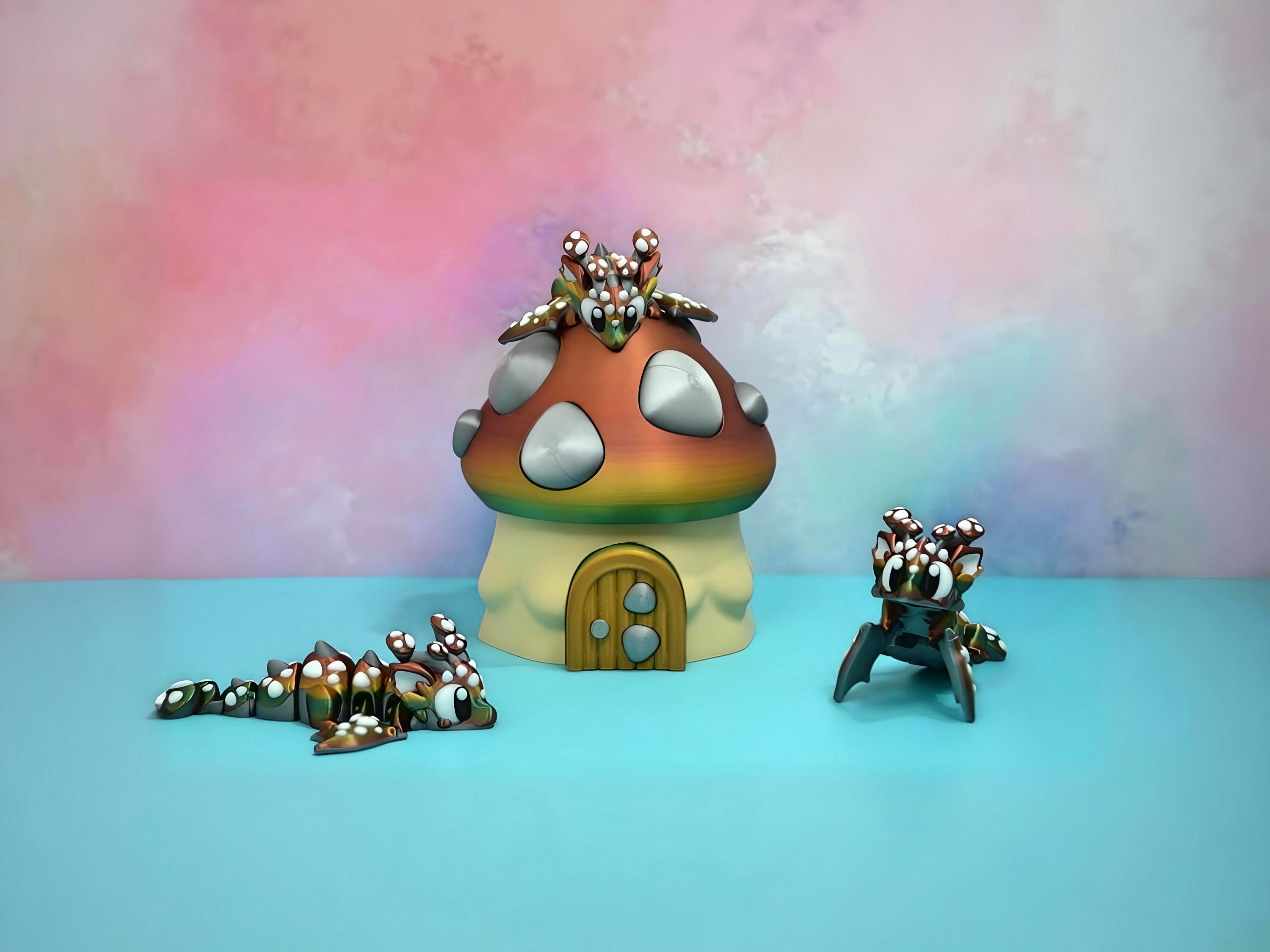 Rainbow Mushroom Dragon set With MushroomHouse - Adorable 3D Printed Fantasy Decor
