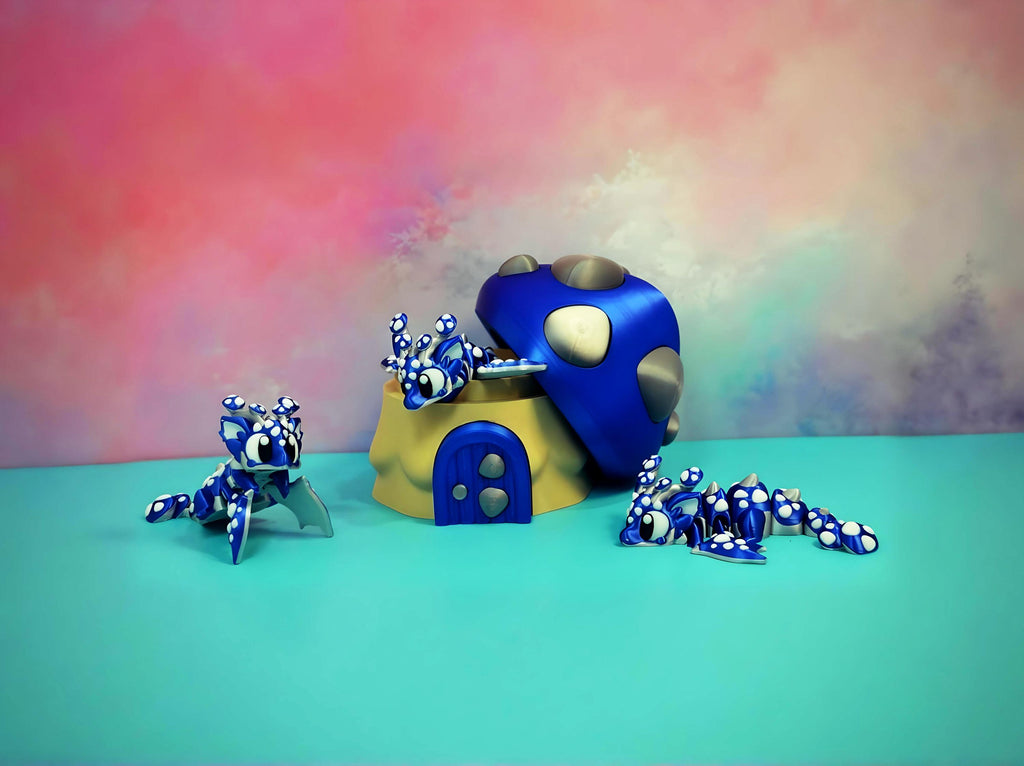 Blue Flexi Mushroom Dragon Set With Mushroom House-Adorable 3D Printed Fantasy Decor